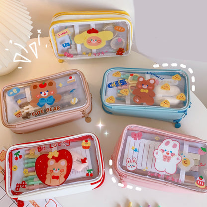 Transparent Pencil Bag Large Capacity Cute Cartoon Junior High School Student Pencil Bag Primary School Birthday Department Stationery Bag Stationery Box