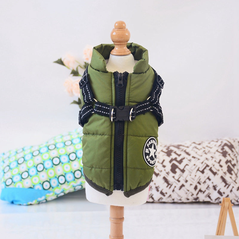 Autumn Winter Pet Skiing Costume Sleeveless Cotton Padded Vest With Durable Chest Strap Harness Clothing  Coat Supplies