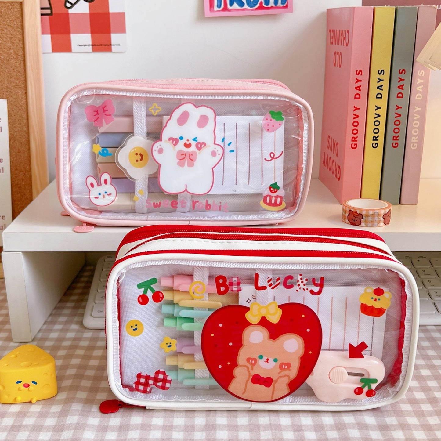 Transparent Pencil Bag Large Capacity Cute Cartoon Junior High School Student Pencil Bag Primary School Birthday Department Stationery Bag Stationery Box