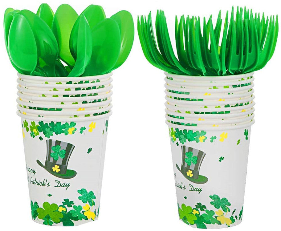 St. Patrick's Day Party Supplies Shamrock Irish Party Supplies Knives Forks Spoons Cups Disposable Cutlery Set